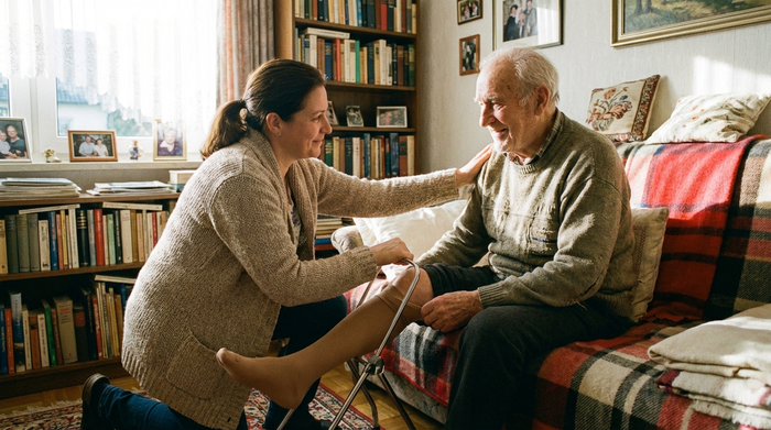 Eine fürsorgliche Pflegekraft hilft einem lächelnden Senior in seinem gemütlichen Wohnzimmer beim Anlegen von Kompressionsstrümpfen mithilfe einer speziellen, metallischen Anziehhilfe. Warme, vertrauensvolle Stimmung im häuslichen Umfeld.