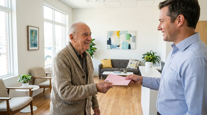 Ein älterer Herr in einer modernen Arztpraxis nimmt dankbar ein rosafarbenes Rezept von seinem Arzt entgegen. Helle, freundliche Umgebung, professionelle medizinische Betreuung, Fokus auf Vertrauen.