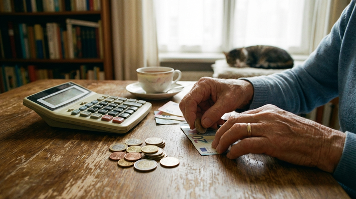 Eine Nahaufnahme von Händen, die sorgfältig Münzen und Geldscheine auf einem Holztisch neben einem Taschenrechner sortieren. Gemütliches Zuhause, weiches Licht, symbolisiert die finanzielle Planung im Alter.