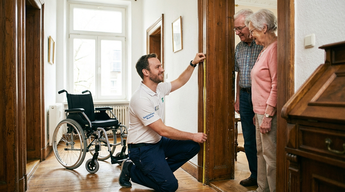 Ein freundlicher Mitarbeiter eines Sanitätshauses misst mit einem Maßband den Türrahmen in einem klassischen Bremer Reihenhaus aus. Ein Rollstuhl steht im Hintergrund bereit. Helles Tageslicht, professionelle und hilfsbereite Stimmung.
