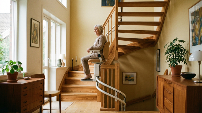 Ein moderner, unauffälliger Treppenlift an einer Holztreppe in einem gepflegten, hellen Wohnhaus. Eine zufriedene Seniorin fährt sicher und entspannt nach oben. Gemütliches Ambiente, warme Farben.