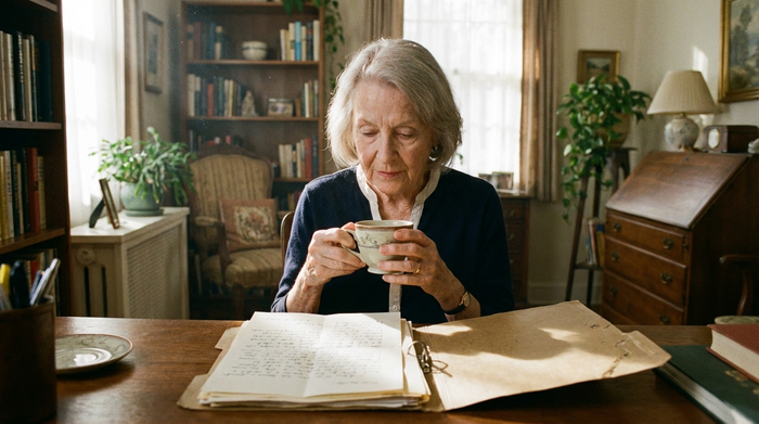 Eine ältere Dame am Schreibtisch liest aufmerksam einen Brief, während sie eine Tasse Tee hält. Ein Aktenordner liegt geöffnet vor ihr. Ruhige, konzentrierte Atmosphäre im heimischen Arbeitszimmer.