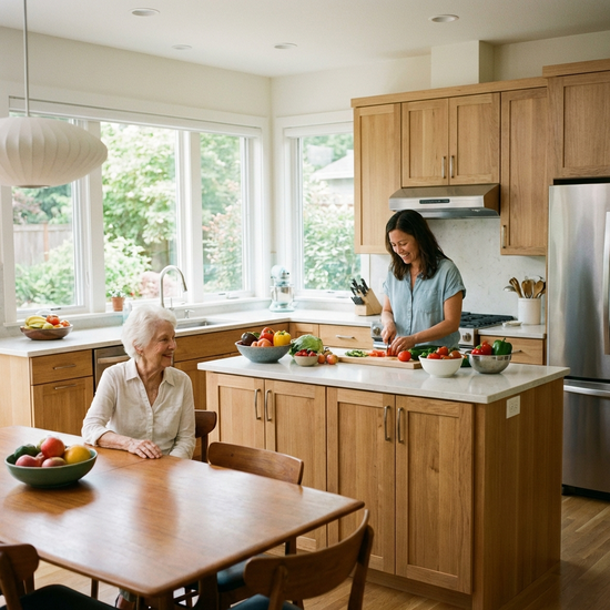 Eine Pflegekraft bereitet in einer modernen, sauberen Küche frisches Gemüse für das Mittagessen vor, während eine Seniorin entspannt am Tisch sitzt und zuschaut.