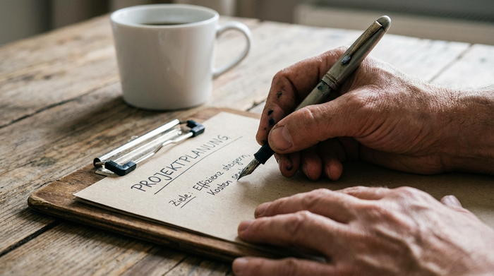 Eine detaillierte Nahaufnahme von Händen, die mit einem Stift auf einem übersichtlichen Klemmbrett Notizen machen. Im Hintergrund steht unscharf eine weiße Kaffeetasse auf einem rustikalen Holztisch.