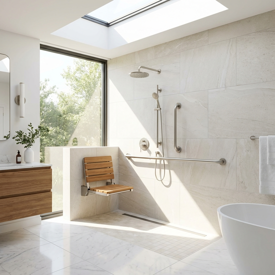 Ein modernes, sehr helles Badezimmer mit einer bodengleichen Dusche, eleganten Haltegriffen an der Wand und einem komfortablen Duschsitz. Hochwertige helle Fliesen und viel Tageslicht.
