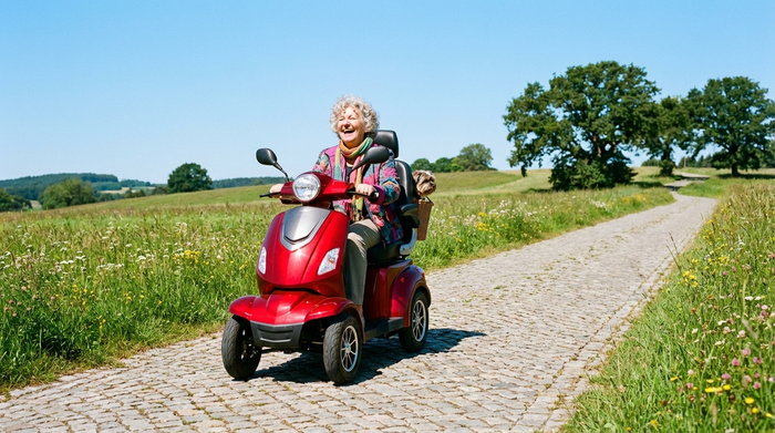 Eine fröhliche Seniorin fährt mit einem modernen, roten Elektromobil auf einem gepflasterten Weg entlang grüner Wiesen an einem sonnigen, wolkenlosen Tag.