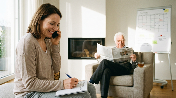 Eine erwachsene Tochter telefoniert lächelnd mit einem Notizblock in der Hand in einem modernen Wohnzimmer, während im Hintergrund ihr älterer Vater entspannt Zeitung liest. Organisation der Pflege, harmonische Stimmung.