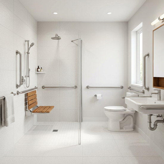 Ein sicheres, barrierefreies Badezimmer mit einer bodengleichen Dusche, stabilen Haltegriffen und einem bequemen Duschsitz. Modernes Design, helle rutschfeste Fliesen, sauber und einladend.