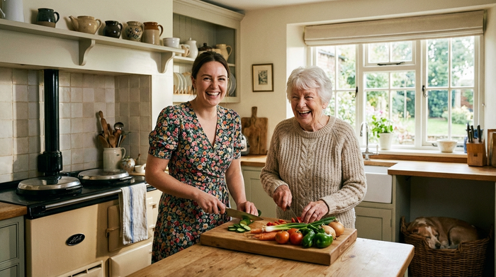 Eine herzliche Betreuungskraft kocht gemeinsam mit einer Seniorin in einer gemütlichen, klassischen Küche. Beide lachen fröhlich und schneiden frisches Gemüse für das Mittagessen.