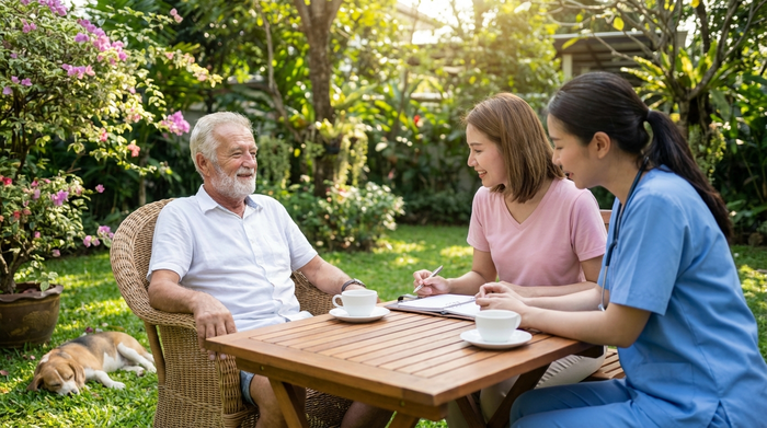 Ein älterer Herr sitzt entspannt im Garten, während seine Tochter und eine Pflegekraft gemeinsam bei einer Tasse Kaffee den Wochenplan besprechen. Friedliche, grüne Umgebung im Hintergrund.