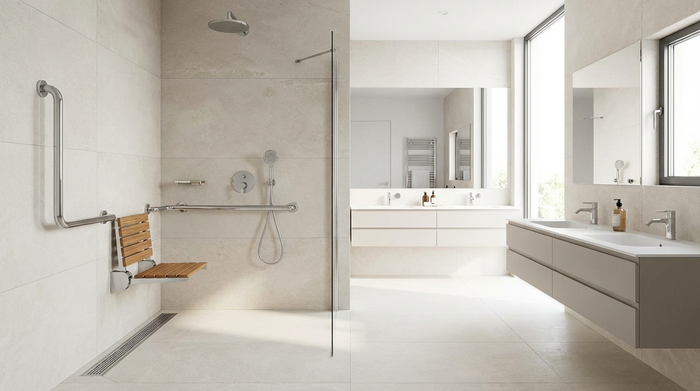 Ein modernes, hell gefliestes und barrierefreies Badezimmer mit einer großzügigen, bodengleichen Dusche. An der Wand sind elegante, verchromte Haltegriffe und ein klappbarer Duschsitz montiert.