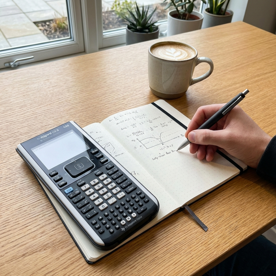 Ein moderner Taschenrechner liegt neben einem Notizbuch und einer Tasse Kaffee auf einem hellen Holztisch, eine Hand hält einen Kugelschreiber.