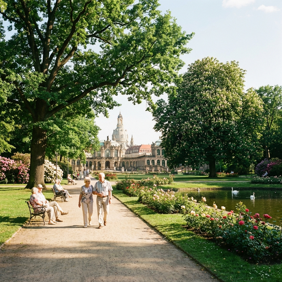Eine friedliche Szene in einem gepflegten Park in Dresden, ältere Menschen spazieren gemütlich auf sonnigen Wegen unter großen Bäumen.
