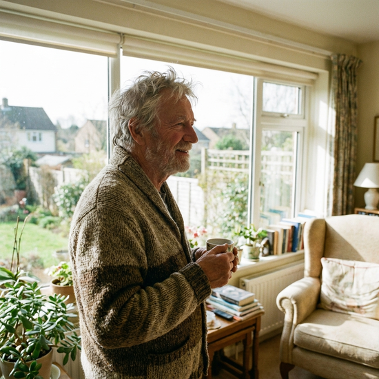 Ein älterer Herr mit grauem Haar schaut entspannt aus dem Fenster eines hellen Zimmers, er trägt eine gemütliche Strickjacke.