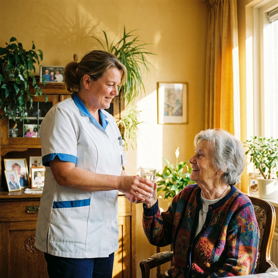 Eine sympathische Pflegekraft in weiß-blauer Kleidung reicht einer lächelnden Seniorin ein Glas Wasser in einem sonnendurchfluteten Raum.