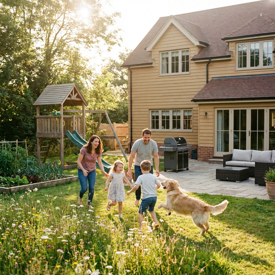 Eine junge Familie mit zwei Kindern spielt fröhlich im Garten eines Einfamilienhauses, sonniges Wetter, entspannte Atmosphäre.