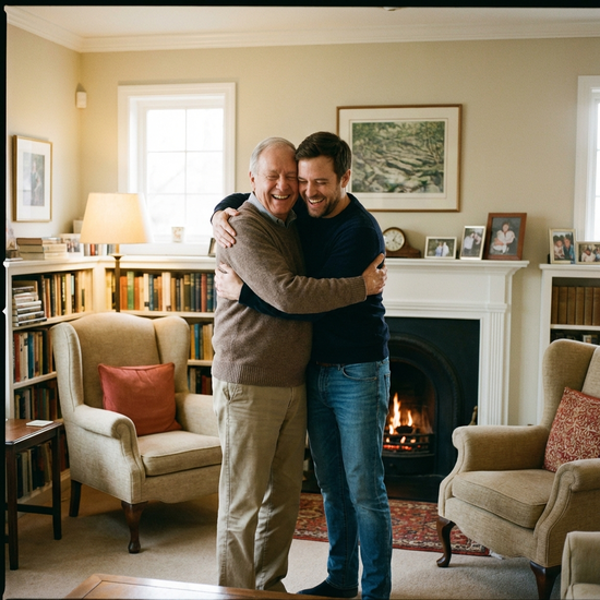 Ein Vater umarmt seinen erwachsenen Sohn herzlich in einem gemütlichen Wohnzimmer, beide lachen entspannt.