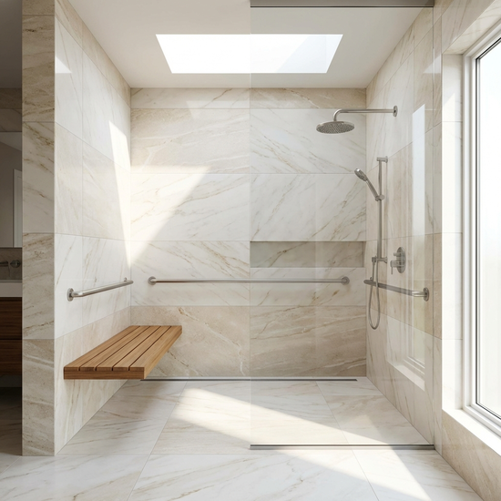 Eine moderne, barrierefreie, bodengleiche Dusche in einem hellen, stilvoll gefliesten Badezimmer mit sicheren Haltegriffen.
