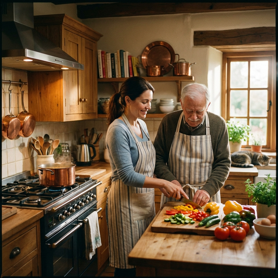 Eine liebevolle Betreuerin kocht gemeinsam mit einem älteren Mann in einer gemütlichen, gut ausgestatteten Küche frisches Gemüse.