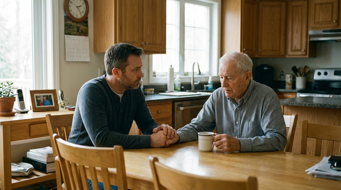 Ein besorgter, aber liebevoller erwachsener Sohn sitzt mit seinem älteren Vater am Küchentisch, beide trinken Kaffee. Der Raum ist ordentlich, aber die Stimmung ist ruhig und nachdenklich.