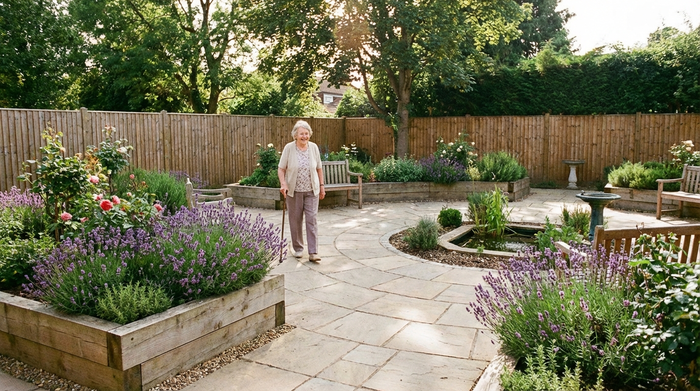 Ein sicherer, idyllischer Demenzgarten mit hölzernen Hochbeeten, duftendem Lavendel und einem gepflasterten, barrierefreien Rundweg. Eine ältere Frau spaziert entspannt im warmen Nachmittagslicht.