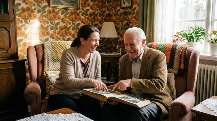 Eine geduldige Pflegerin schaut gemeinsam mit einem Senior in ein altes Fotoalbum. Beide lachen herzlich in einem gemütlich eingerichteten Zimmer mit floraler Retro-Tapete.