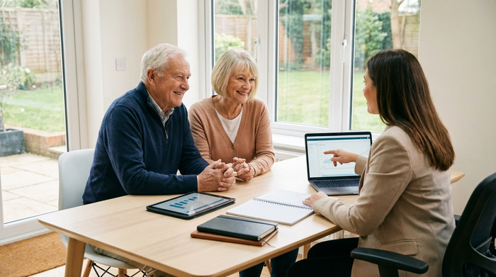 Ein älteres Ehepaar sitzt mit einer professionellen Beraterin an einem hellen, aufgeräumten Schreibtisch. Die Atmosphäre ist unterstützend, ruhig und lösungsorientiert.