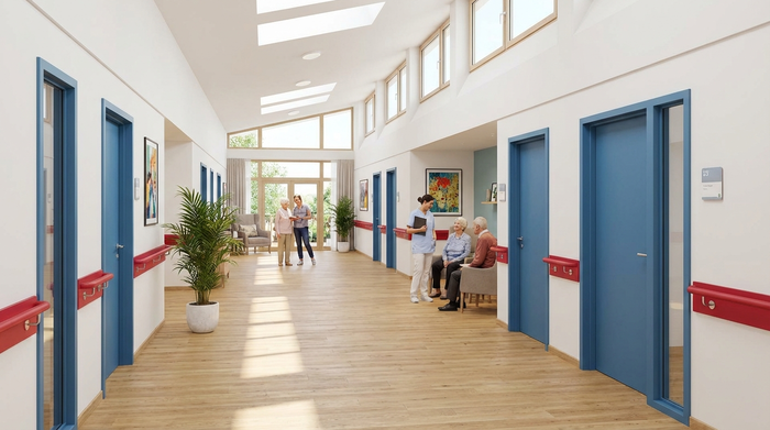 Ein heller, freundlicher Flur in einer modernen Pflegeeinrichtung mit farblich deutlich abgesetzten roten Handläufen und blauen Türen. Große Fenster lassen viel Tageslicht herein.