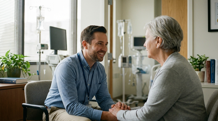 Ein freundlicher Sozialarbeiter im hellen Büro eines Krankenhauses spricht beruhigend mit einer älteren Dame. Im Hintergrund sind unscharf medizinische Geräte zu erahnen. Die Stimmung ist professionell und empathisch.