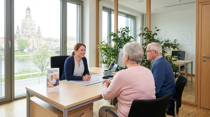 Eine moderne, helle Beratungsstelle in Dresden. Eine kompetente Pflegeberaterin sitzt an einem aufgeräumten Schreibtisch und lächelt einem älteren Ehepaar freundlich zu. Natürliches Licht, Pflanzen im Hintergrund.
