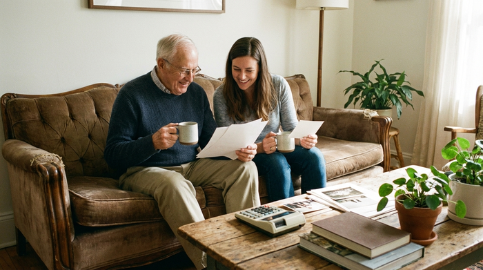 Ein älterer Herr und seine Tochter sitzen mit einer Tasse Kaffee auf einem gemütlichen Sofa und betrachten gemeinsam entspannt einige Dokumente. Ein Taschenrechner liegt unauffällig auf dem Holztisch.