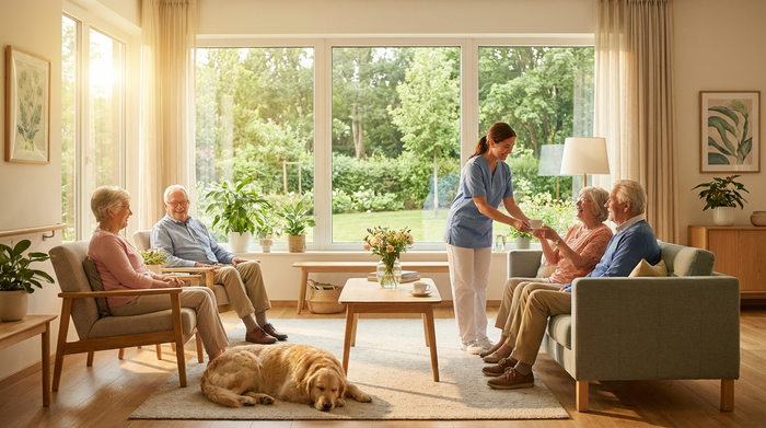 Ein gepflegter, lichtdurchfluteter Gemeinschaftsraum in einem modernen Seniorenheim. Glückliche Senioren sitzen gemütlich in Sesseln, eine freundliche Pflegekraft reicht eine Tasse Tee. Große Fenster mit Blick ins Grüne.