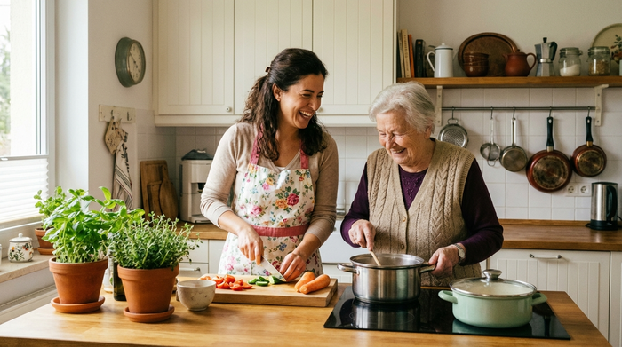 Eine herzliche, ausländische Betreuungskraft kocht gemeinsam mit einer lächelnden Seniorin in einer gemütlichen, sauberen Küche. Beide haben sichtlich Freude am gemeinsamen Vorbereiten des Mittagessens.