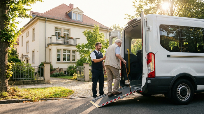 Ein moderner Kleinbus mit offener Rampe steht vor einem gepflegten Wohnhaus in Dresden an einem sonnigen Morgen. Ein älterer Herr mit Gehstock wird freundlich vom Fahrer begrüßt. Helle, positive Stimmung, realistische Szene ohne Text.