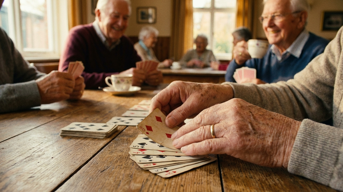 Eine Nahaufnahme von älteren Händen, die behutsam Spielkarten auf einem Tisch sortieren. Ein verschwommener Hintergrund zeigt andere Senioren in einer gemütlichen Runde. Fokus auf Gemeinschaft und Aktivierung, warme Farben, realistisch.
