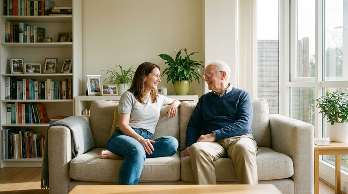 Eine erwachsene Tochter und ihr älterer Vater sitzen entspannt auf einem Sofa im heimischen Wohnzimmer und lächeln sich an. Die Atmosphäre ist ruhig und harmonisch, was die Entlastung im Alltag widerspiegelt. Realistisches Foto, saubere Umgebung.