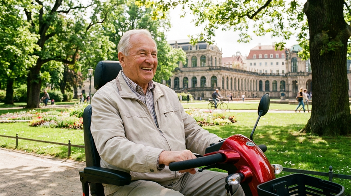 Ein rüstiger Senior fährt an einem sonnigen Tag mit einem modernen, roten Elektromobil durch einen grünen Park in Dresden. Er trägt eine leichte Jacke und lächelt zufrieden. Klare Umgebung, realistische Szene.