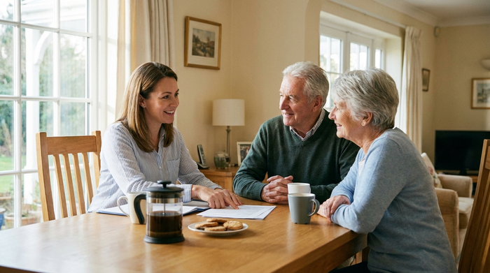 Eine fürsorgliche Pflegeberaterin sitzt mit einem älteren Ehepaar an einem Esstisch und bespricht entspannt Unterlagen. Auf dem Tisch stehen Kaffeetassen. Helle, vertrauensvolle Atmosphäre, professionelles Setting ohne lesbaren Text.