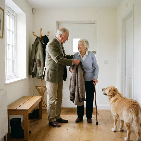 Ein geduldiger Fahrer begleitet eine ältere Dame sanft an der Haustür und reicht ihr den Mantel in einem hellen, aufgeräumten Flur.