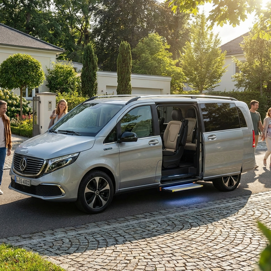Ein moderner Kleinbus mit geöffneter Seitentür und ausgefahrener Trittstufe steht auf einer gepflegten Straße, bereit für den sicheren Einstieg.