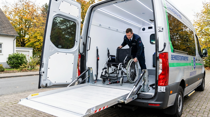 Ein spezialisierter Behindertentransportwagen mit hydraulischer Hebebühne am Heck, ein Fahrer sichert professionell einen leeren Rollstuhl im hellen Innenraum.