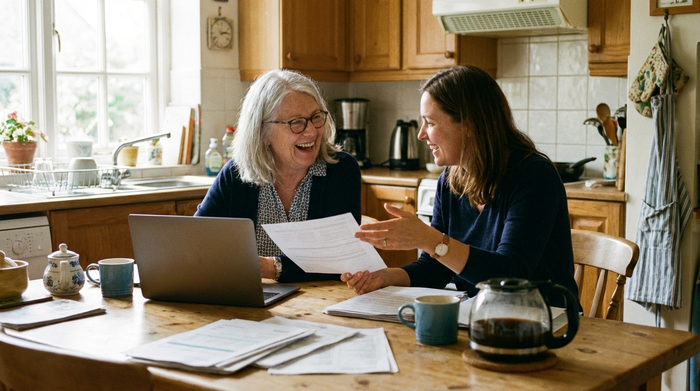 Eine ältere Frau sitzt entspannt am Küchentisch und bespricht mit ihrer Tochter lächelnd bei einer Tasse Kaffee einige Dokumente.