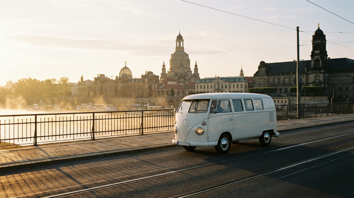 Ein weißer Kleinbus fährt im sanften Morgenlicht über eine Brücke in Dresden, im Hintergrund die malerische Silhouette der Stadt ohne Text.