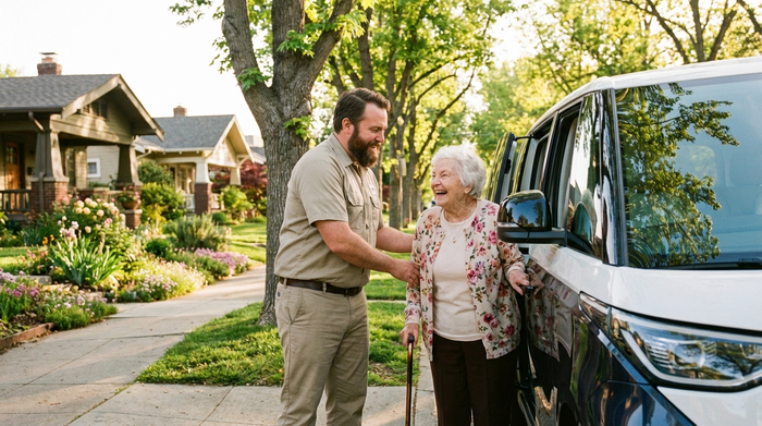 Ein freundlicher Fahrer eines Fahrdienstes hilft einer lächelnden älteren Dame behutsam beim Einsteigen in einen modernen Kleinbus. Die Szene findet an einem sonnigen Morgen in einem ruhigen Wohngebiet statt. Helle, positive Stimmung, realistische Fotografie ohne Text.