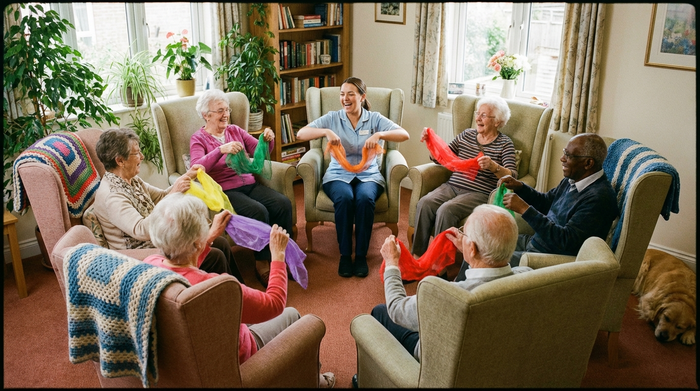 Mehrere Senioren sitzen im Kreis in einem gemütlichen Raum und machen leichte Sitzgymnastik mit bunten Tüchern. Eine engagierte Betreuungskraft macht die Übungen vor. Alle wirken motiviert und fröhlich.