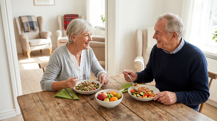 Ein liebevoll angerichtetes, gesundes Mittagessen auf einem Holztisch in einer Tagespflege. Zwei ältere Menschen essen gemeinsam und unterhalten sich. Im Hintergrund ein heller Ruheraum mit bequemen Sesseln.