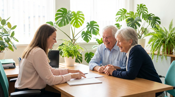 Ein älteres Ehepaar sitzt gemeinsam mit einer Beraterin an einem Schreibtisch und bespricht Dokumente. Die Atmosphäre ist vertrauensvoll und entspannt, helles Büro mit grünen Zimmerpflanzen.