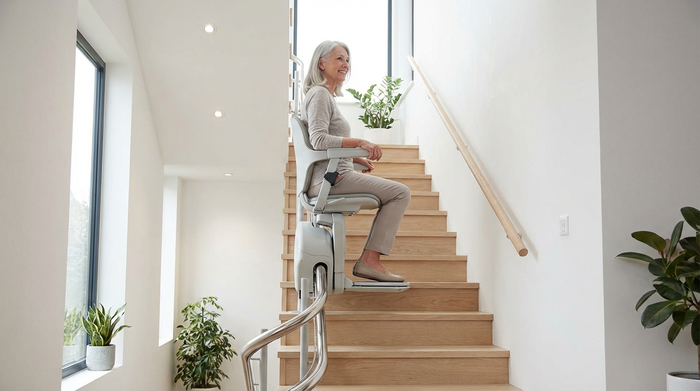 Ein moderner Treppenlift in einem gepflegten Treppenhaus. Eine ältere Dame fährt sicher und entspannt nach oben. Helle Beleuchtung, saubere Umgebung, realistische Darstellung ohne Text.