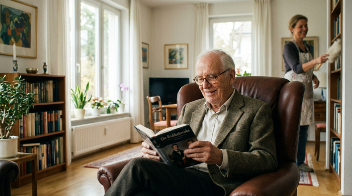 Ein älterer Herr sitzt entspannt in seinem gepflegten Wohnzimmer auf einem komfortablen Sessel und liest ein Buch, während im Hintergrund eine verschwommene, freundliche Haushaltshilfe Staub wischt. Helles Tageslicht, harmonische und saubere Umgebung.