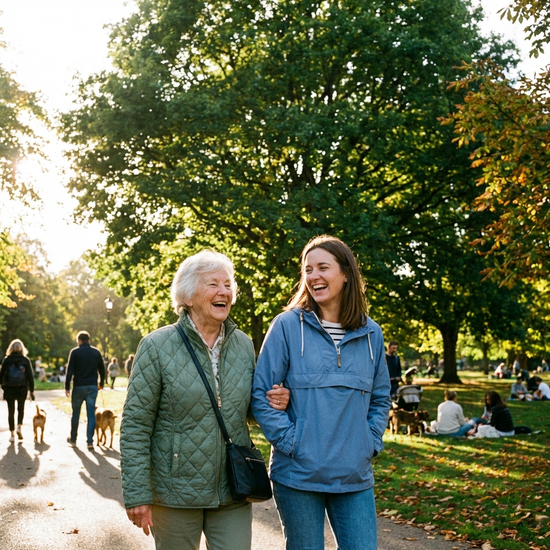 Zwei Frauen, eine ältere Seniorin und eine jüngere Alltagsbegleiterin, spazieren fröhlich lachend durch einen sonnigen Park mit großen grünen Bäumen. Beide tragen leichte Übergangsjacken.